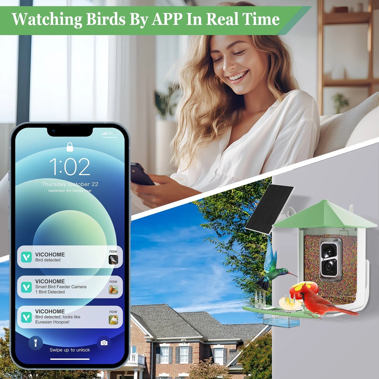 Smart Bird Feeder Camera, Outdoor Bird Watching Camera with Auto Capture Bird Videos & Motion Detection, Best Gift for Bird Lover, Green